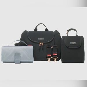 STORKSAK Poppy Luxe Scuba Diaper Bag Black with accessories